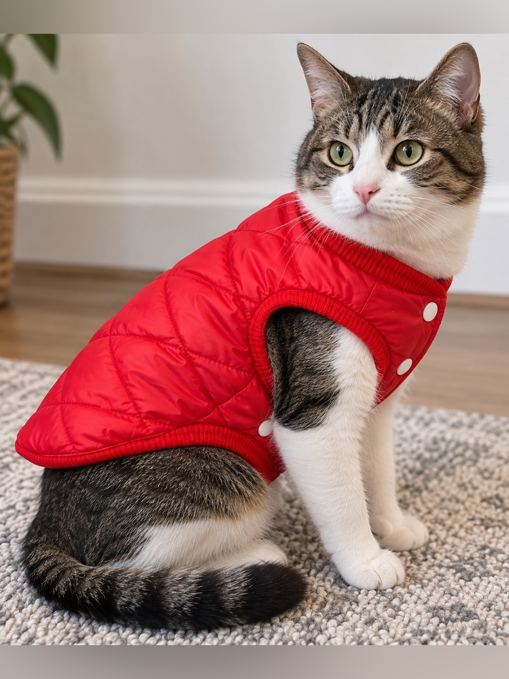 Red Quilted Cat Coat Jacket Black Lining Snap Closure Size S